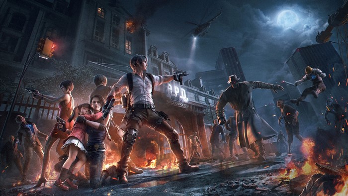 Characters from Resident Evil fighting zombies in Raccoon City