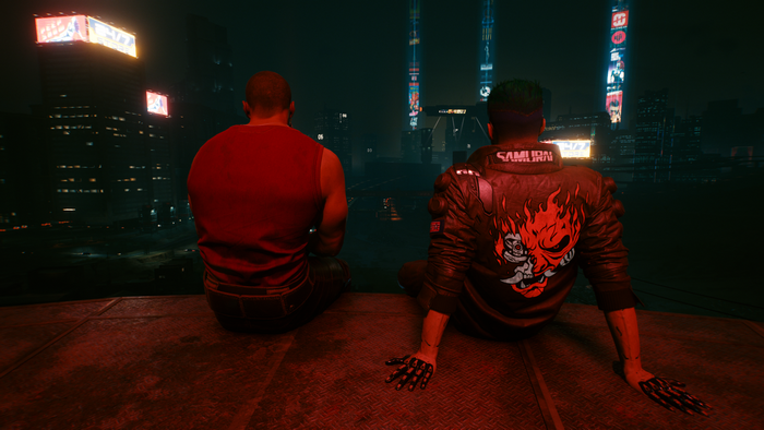 River Ward from Cyberpunk 2077 sitting on a rooftop