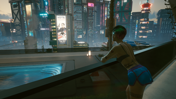 Judy Alvarez from Cyberpunk 2077 overlooking a city