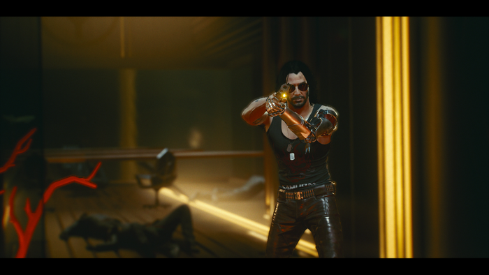 Johnny Silverhand from Cyberpunk 2077 aiming a gun