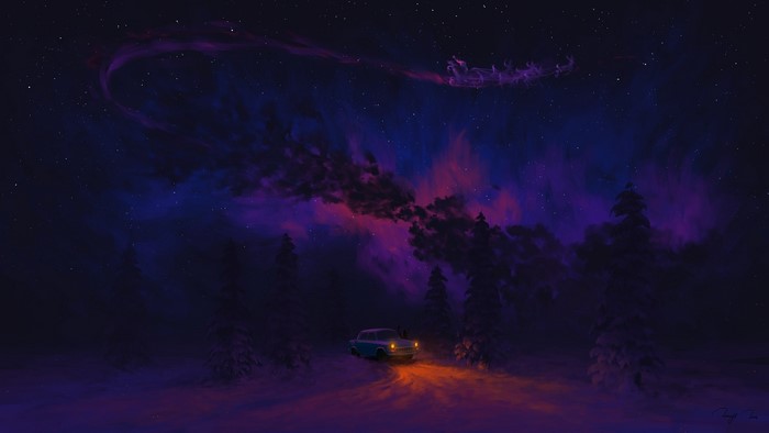Santa Claus flying in a sleigh over a snowy forest with a car