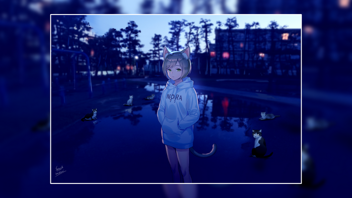 Anime cat girl with cats in a park at night