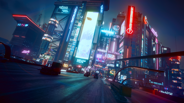 Cyberpunk 2077 cityscape with neon signs and vehicles