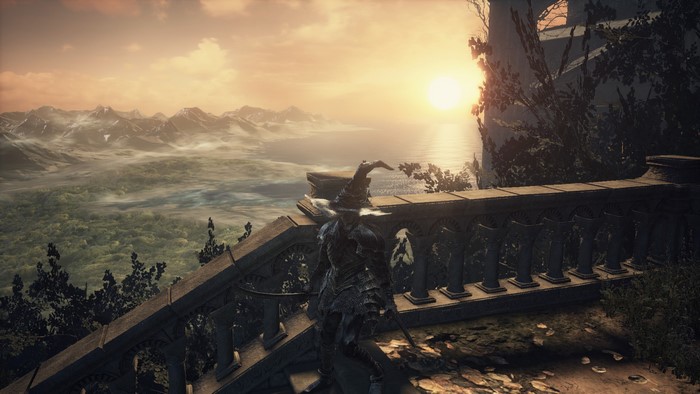 Dark Souls 3 screenshot of a character overlooking a sunset landscape
