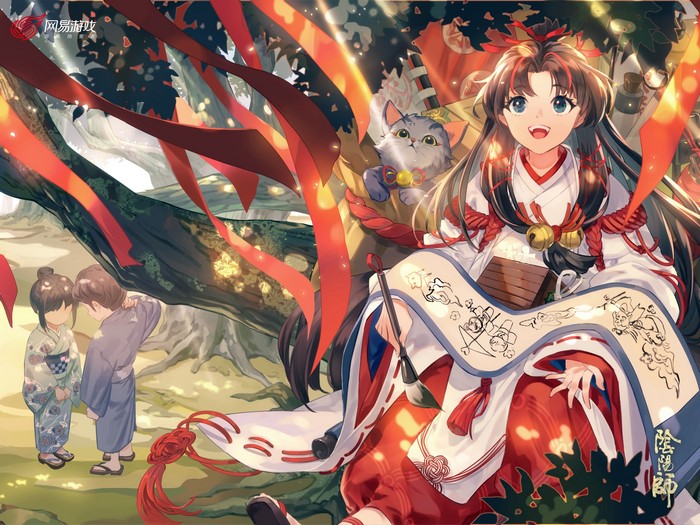 Anime girl with cat and children in a forest