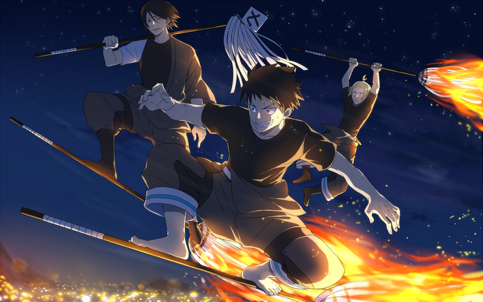 Fire Force characters flying at night