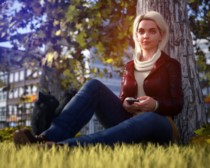 Woman and black cat sitting in grass by a tree