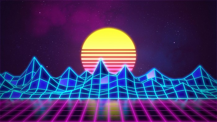 Retrowave neon grid mountains and sun