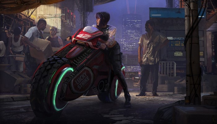 Motoko Kusanagi on a futuristic motorcycle in a cyberpunk city