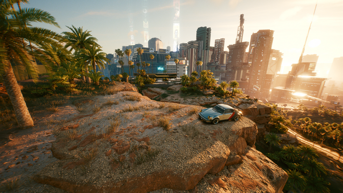 Cyberpunk 2077 4K: Porsche 911 on Cliff Overlooking City