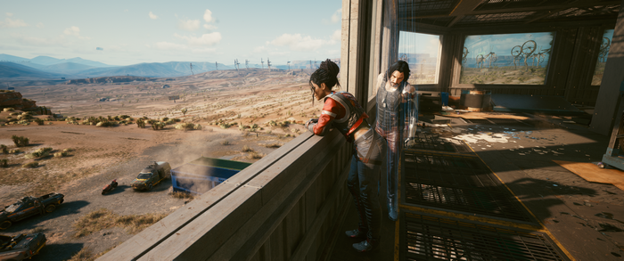 Panam and Johnny Silverhand from Cyberpunk 2077 in the Badlands
