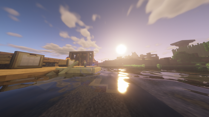 Minecraft boat on water at sunset