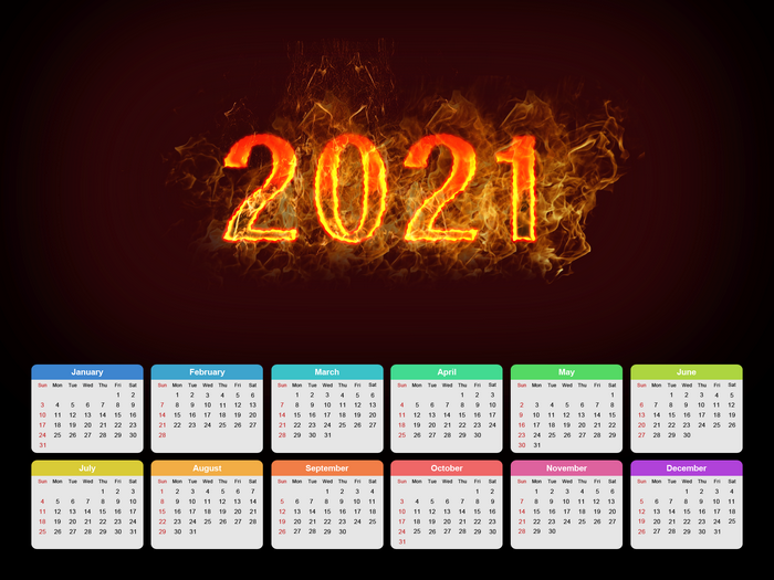 2021 calendar with fiery numbers