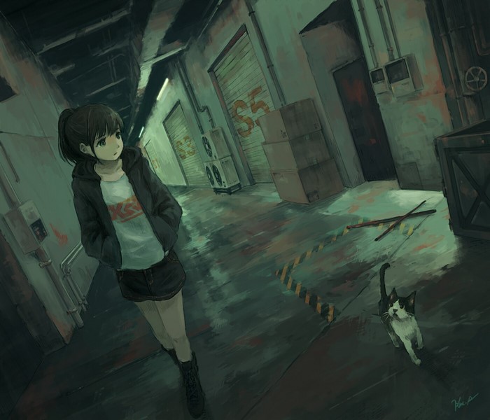Anime girl and cat in a dark alleyway