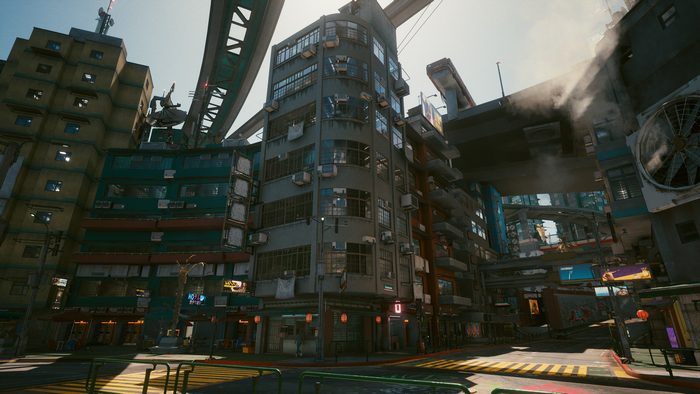 Cyberpunk 2077 cityscape with elevated train tracks