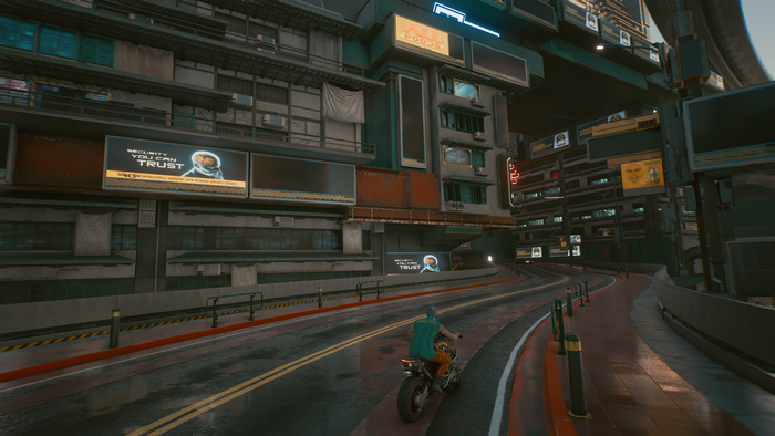 Cyberpunk 2077 street scene with motorcycle rider