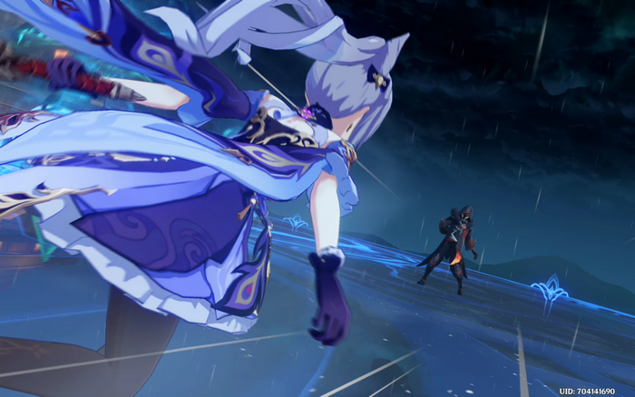 Keqing from Genshin Impact fighting an enemy at night