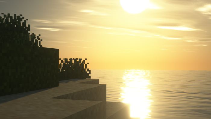 Minecraft sunset over the ocean with a sandy shore