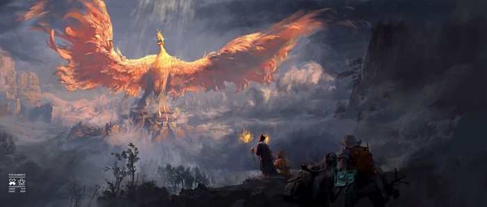 Phoenix flying over mountains with people watching