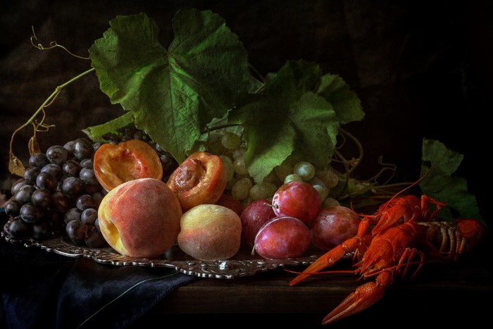 Still life with fruit and seafood