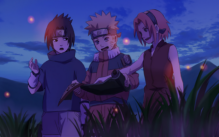 Naruto, Sasuke, and Sakura looking at a scroll