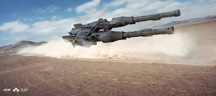 Science fiction vehicle flying over a desert