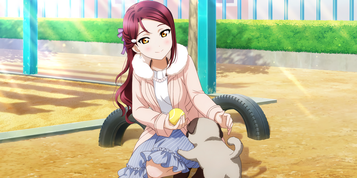 Sakurauchi Riko from Love Live! Sunshine with a pug puppy