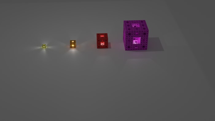 Four Menger sponges of increasing size and color