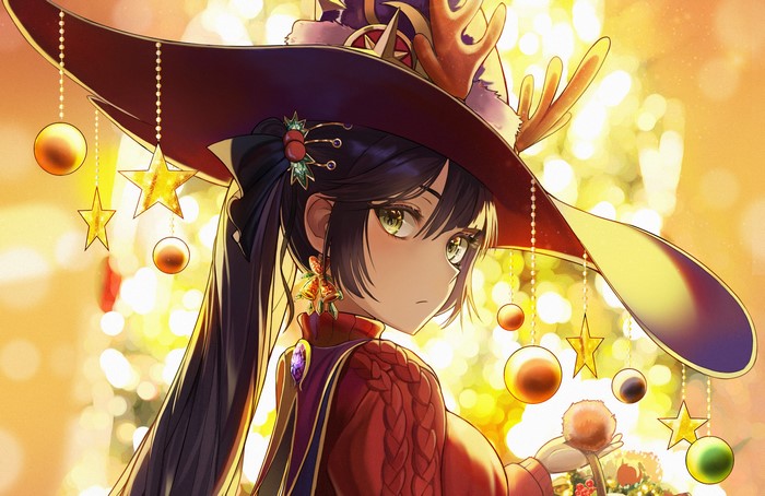 Mona from Genshin Impact in a Christmas witch hat
