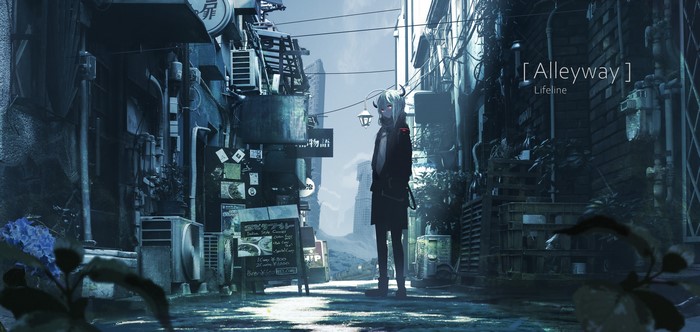 Anime girl with horns in alleyway, Lifeline