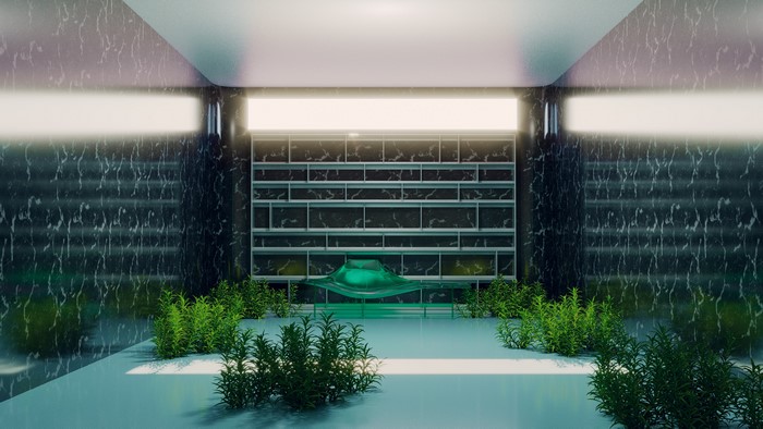 Minimalist interior with plants and green sculpture