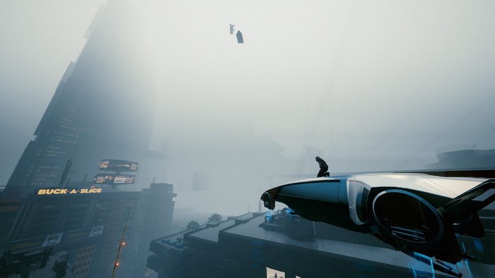 Cyberpunk 2077 screenshot of a person on a futuristic vehicle