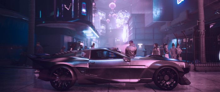 Cyberpunk 2077 futuristic car in neon city