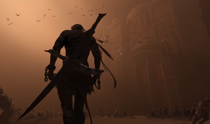 Man with sword from behind in a desert city
