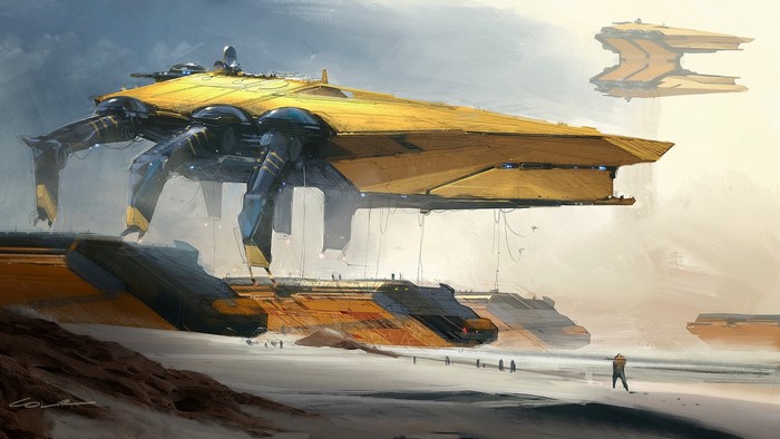 Giant yellow spaceship with mechanical legs on alien planet