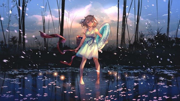 Anime girl with inflatable ring and basket in water