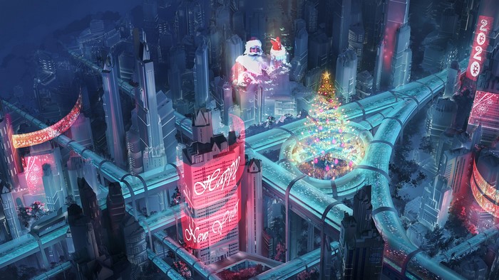 Futuristic city with Santa and Christmas tree