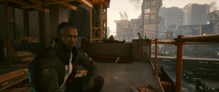 Goro Takemura from Cyberpunk 2077 on a rooftop