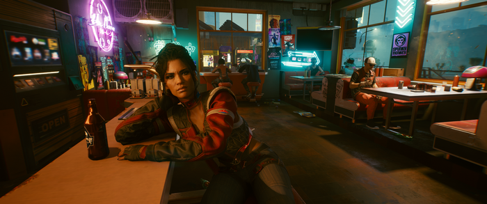 Panam Palmer from Cyberpunk 2077 in a bar