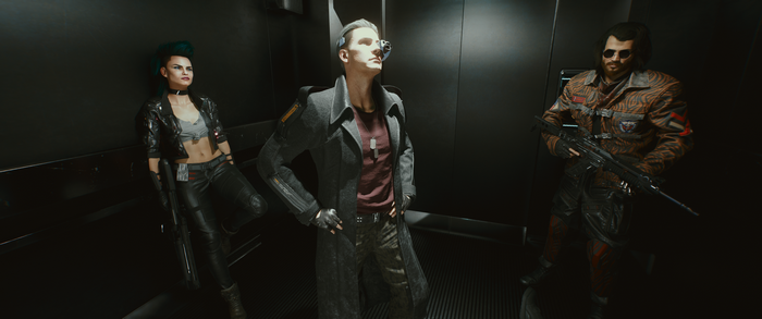 Characters from Cyberpunk 2077 in an elevator