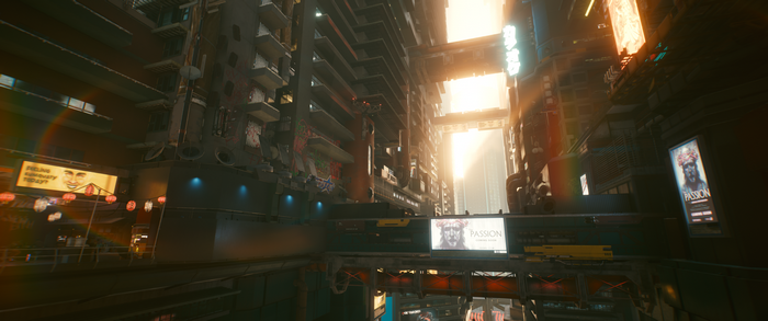 Cyberpunk 2077 cityscape with advertisements