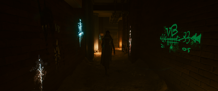 Cyberpunk 2077 character in a dark alley with graffiti