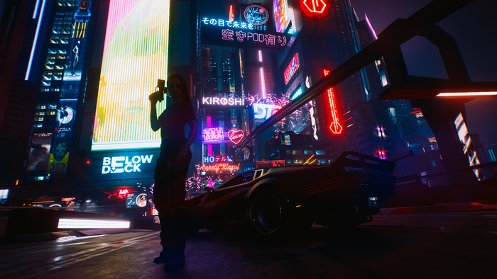 Cyberpunk 2077 character with gun and car in neon city
