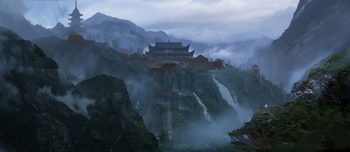 Digital art of a mountain temple with waterfalls