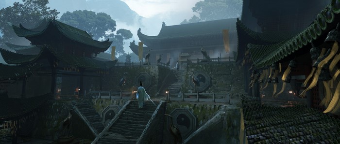 Man in traditional Chinese attire walks up temple stairs