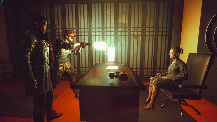 Goro Takemura from Cyberpunk 2077 firing a gun