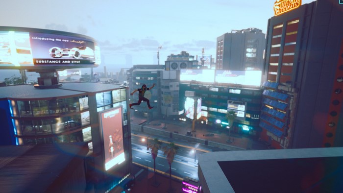 Man jumping between buildings in Cyberpunk 2077