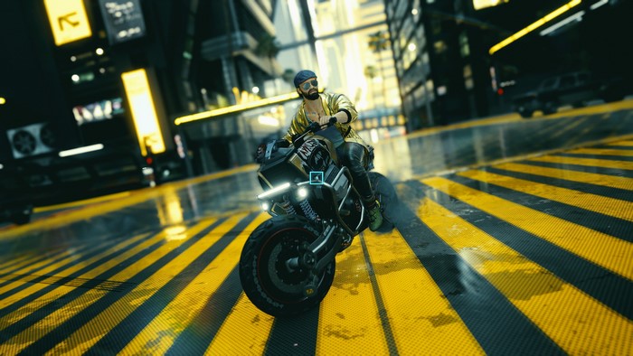 Man riding a motorcycle in Cyberpunk 2077