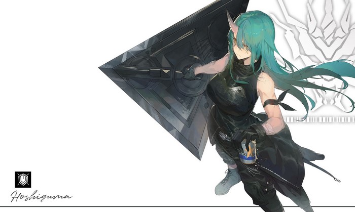 Hoshiguma from Arknights holding a shield