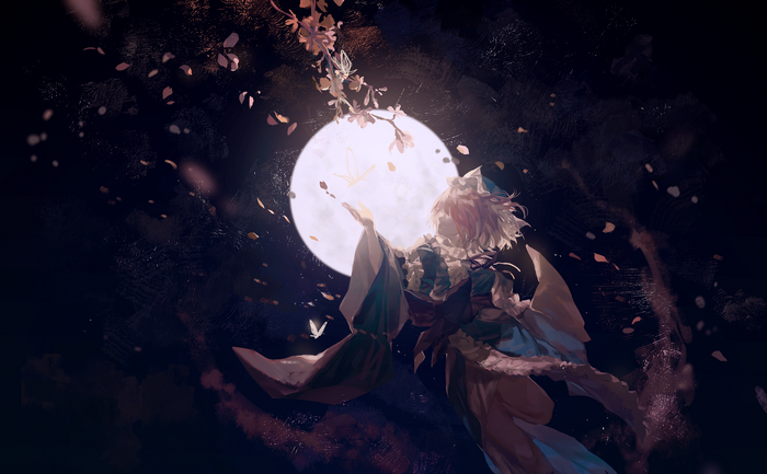 Saigyouji Yuyuko from Touhou with cherry blossoms and moon